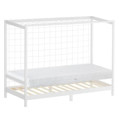 Afbeelding van Kinderbed voetbaldoel 90x200 cm wit gemaakt van grenenhout incl. matras H 16cm houten bed met lattenbodem &amp; doelnet ML Design