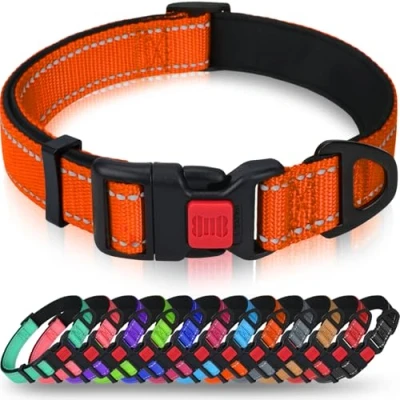 Afbeelding van Taglory Reflecterende nylon hondenhalsband met veiligheidsgesp, verstelbare halsband, zachte neopreen voering, voor middelgrote honden, oranje