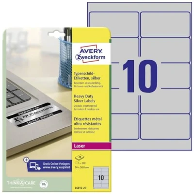 Afbeelding van Avery ultra sterke zilverkleurige etiketten ft 96 x 50,8 mm (b h), 200 stuks, 10 per blad etiket