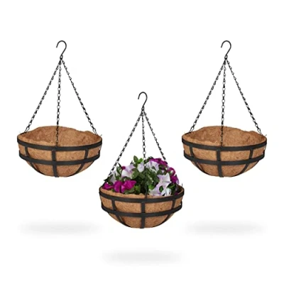 Afbeelding van Relaxdays hangende plantenmand set van 3 hangmand kokos ronde plantenhanger metaal