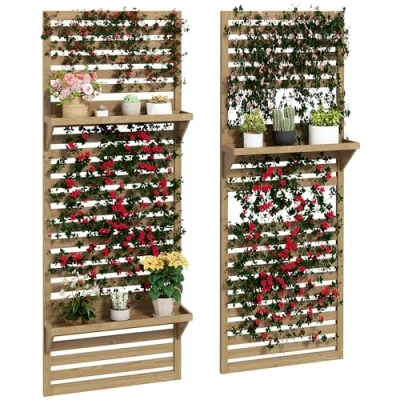 Afbeelding van Outsunny 2 stuks plantenstandaard voor binnen, plantenhouder met hangplanken planten en latwerk klimmen balkon terras, van massief hout, natuurlijk hout