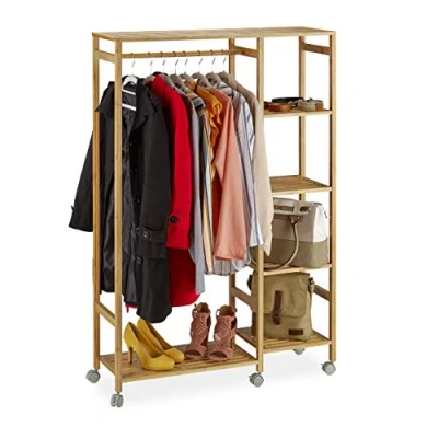 Afbeelding van relaxdays kledingrek verrijdbaar kledingstandaard garderobe met wielen bamboe