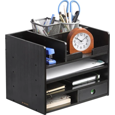 Afbeelding van Navaris bamboe houten bureau organizer Bureaukastje van hout met 1 lade 33 x 24 26 cm Voor kantoorartikelen en brieven Zwart