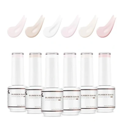 Afbeelding van Nicedeco 4 in 1 rubberen basisgel, transparant, kleurrijk, roze, nude, nagellak, UV, LED, inweken, elastische nagels, versterkt onderlaag, 6 stuks x 8 ml, set 33