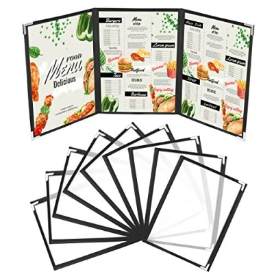 Afbeelding van Kurtzy Driedubbele A4 Menu Hoezen (10pak) 3 Vouws Dubbel Zicht Amerikaanse Stijl Houders Zwart Drieluik Hoes met Hoek Beschermers Voor Restaurants, Bars, Cafés, Voedsel &amp; Drank