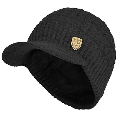 Afbeelding van Yixda Wintermuts voor heren met vizier, warm gebreid, fleecevoering, zwart.