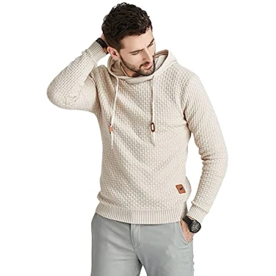 Afbeelding van Genfien Casual trui met capuchon voor heren, grof gebreide lange mouwen, jacquard, geruit, schoorsteenkraag, Khaki (stad)