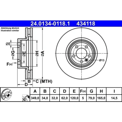 Afbeelding van ATE Remschijf LAND ROVER: Range Rover Sport 349,0mm 34,0mm 5 120,0mm Geventileerd Gecoat Gelegeerd/Gecarboniseerd 24.0134 0118.1 Remschijven