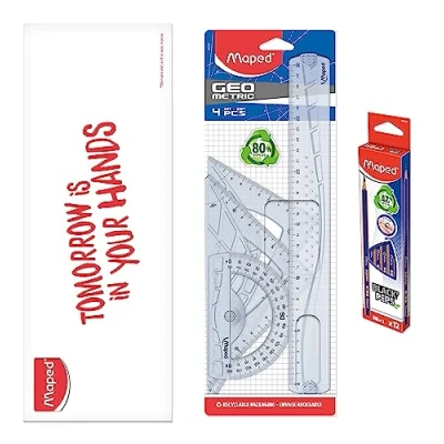 Afbeelding van Maped Geometrische set 4 stuks + 12 potloden marineblauw liniaal 30 cm schoolhoek 60/21 45/21 gradenboog 180/12 Harde tekenset transparant