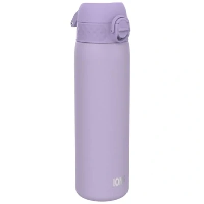 Afbeelding van Ion8 Drinkfles van roestvrij staal, 600 ml, lekvrij, gemakkelijk te openen, veilige vergrendeling, vaatwasmachinebestendig, draaggreep, duurzaam, 3D motief, lichtpaars