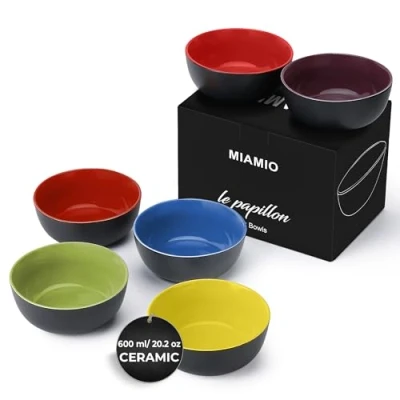 Afbeelding van MIAMIO 6 x 600 ml aardewerk kommen set zwarte buitenkant kleurrijke binnenkant Le Papillon Collectie