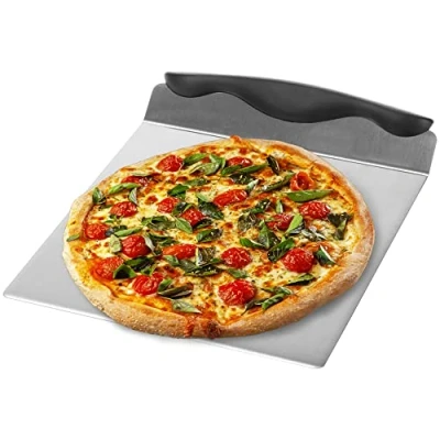 Afbeelding van pizzaschuiver van roestvrij staal taartplateau met kunststof handvat taart en pizzaschep 20,5 x cm (zwart / zilverkleurig hoekig)