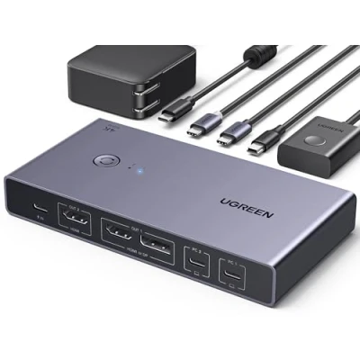 Afbeelding van UGREEN KVM Switch HDMI 2.0 DP 4K 60Hz 2 ingangen uitgangen met 3 USB A C 3.0 5Gbps PD 100W voor toetsenbord muis harde schijf desktop controller en kabels