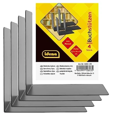 Afbeelding van Idena 10843 boekensteun, metaal, zwart, 4 boekensteunen, 14 x 8,5 cm, boekensteunen voor boekenplanken
