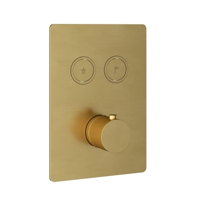 Afbeelding van HotBath Cobber PB009Q rechthoekige afbouwdeel voor inbouwthermostaat met 2 pushbuttons Geborsteld Koper