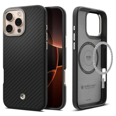 Image de Spigen Enzo Aramid MagFit Coque de protection pour téléphone portable compatibilité avec MagSafe fibre aramide, aluminium anodisé noir naturel Apple iPhone 16 Pro Max