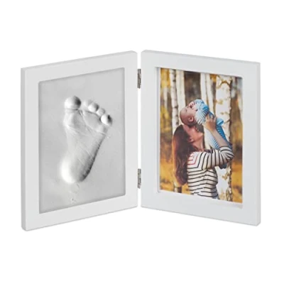 Afbeelding van Relaxdays fotolijst baby met gipsafdruk gipsafdrukset voetafdruk handafdruk wit