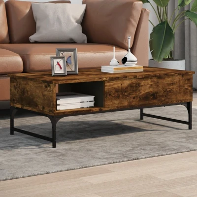 Afbeelding van Salontafel 100x50x35 cm bewerkt hout en metaal gerookt eiken
