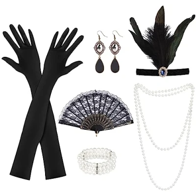Afbeelding van 6 stuks jaren 20 accessoires Great Gatsby dames feestkostuum met flap hoofdband, handschoenen, parelketting, oorbellen voor Halloween en Kerstmis, zwart, zwart.