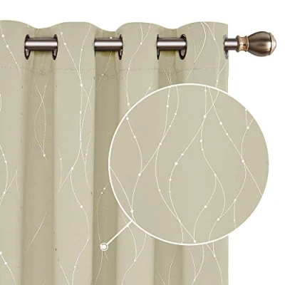 Afbeelding van Deconovo verduisteringsgordijnen met thermische isolatie en oogjes, voor slaapkamer woonkamer, donkerbeige, bedrukt, stippenlijn, zilverkleurig, 140 x 240 cm, 2 stuks