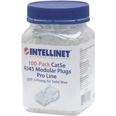 Afbeelding van Intellinet Kabel verpakking van 100 stuks Cat5e modulaire RJ45 stekkers Pro Line UTP 3 voudige klem voor massieve draad in pot 50 μ