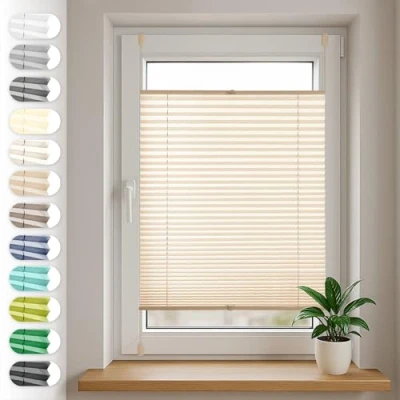 Afbeelding van Plisségordijn Sonello Klemmfix zonder boren 65cm x 100cm Beige rolgordijn voor deuren en ramen, ondoorzichtig, bescherming van de privacy, zonwering, kant klaar plisségordijn,