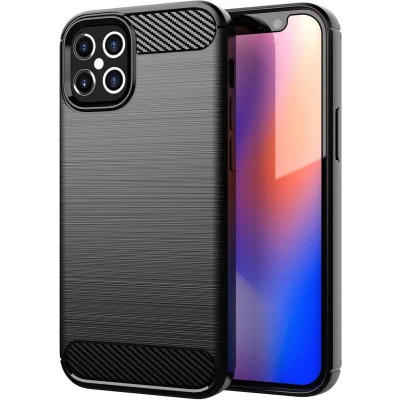 Afbeelding van Cadorabo Hoesje geschikt voor Apple iPhone 12 / PRO in Brushed Zwart Beschermhoes van flexibel TPU siliconen roestvrij staal carbonvezel look Case Cover