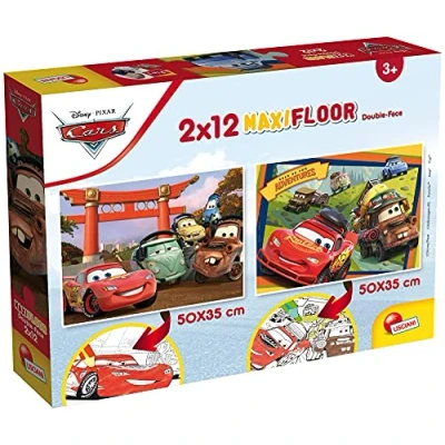 Afbeelding van Lisciani Disney puzzel 2 in 1 Cars x 12 stukjes Maxifloor 50 35 cm dubbelzijdig met achterkant om te kleuren inclusief viltstiften voor kinderen vanaf 3 jaar