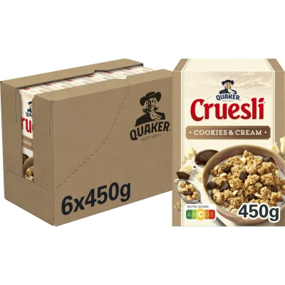 Afbeelding van Quaker Cruesli Ontbijtgranen Cookies &amp; Cream 450 gr Doos 6 pak