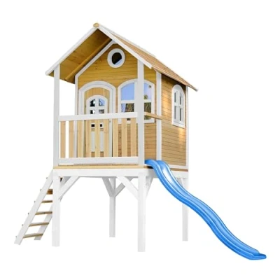 Afbeelding van AXI Laura Speelhuis Bruin/wit Blauwe Glijbaan Classic speelhuisje met verdieping en ladder FSC hout Speeltoestel voor kinderen