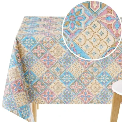 Afbeelding van Premium Tafelkleed Afveegbaar 300 x 140 cm Portugees Azulejo Waterdicht Tafelzeil 10 Zitplaatsen PVC Tafellaken Lissabon Tegels Patroon Rechthoekig Vinyl Roze, Beige, Blauw