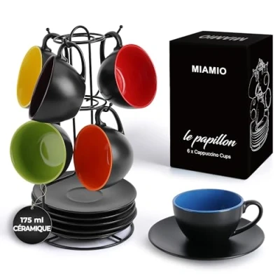Afbeelding van Miamio kleurrijke cappucinoset 6 tassen/koppen 175ml + schotels staander
