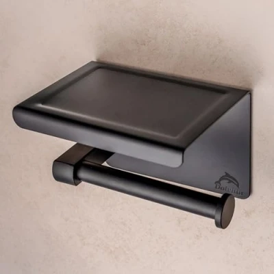Afbeelding van Dolvhin® toiletpapierhouder zonder boren, zwart, hoogwaardige om op te plakken, roestvrij staal, met plank en inkeping, papierrolhouder