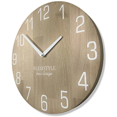 Afbeelding van FLEXISTYLE Wandklok, natuurlijk, diameter, houtlook, 100% eiken, modern hout, woonkamer, zonder tikkende geluiden (30 cm, wit)