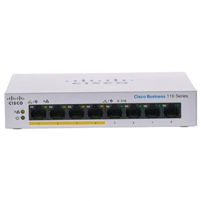 Image de Cisco Business 110 Series 8PP D Commutateur non géré 4 x 10/100/1000 (PoE) + Montable sur rack, de bureau, fixation murale PoE (32 W) Tension CC