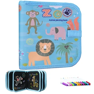 Afbeelding van Leer Doodle Board voor kinderen, schrijf het schoolbord, draagbaar schetsboek met 12 kleurrijke potloden, herbruikbaar oefenboek schilderen, 14 pagina&#039;s