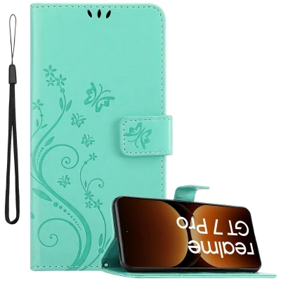 Afbeelding van Cadorabo Hoesje geschikt voor Realme GT7 Pro in BLOEMEN TURKOOIS Beschermhoes bloemmotief met magnetische sluiting, standfunctie en kaartsleuven Book Case Cover Etui