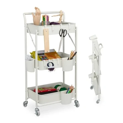 Afbeelding van Relaxdays keukentrolley op wieltjes inklapbaar met bakjes serveerwagen opbergtrolley wit