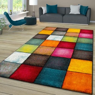 Afbeelding van TT Home Vloerkleed voor slaapkamer, volwassenen, woonkamer, modern geometrisch motief, gespikkeld, 3D, meerkleurig, kleur: grijs, rood, geel, afmetingen: 200 x 290 cm