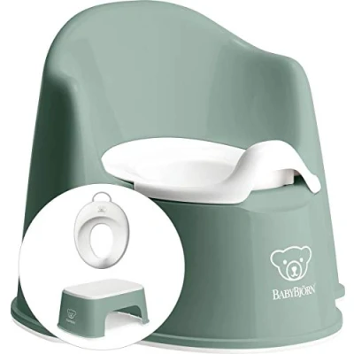 Afbeelding van BabyBjörn Startkit Plaspotje Zetel Diepgroen Wit incl Opstapkrukje Toilettrainer Grijs