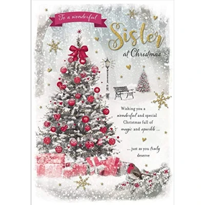 Afbeelding van Piccadilly Greetings Kerstkaart met foto voor zus, rood, beige, bruin, grijs, 22,9 x 15,2 cm