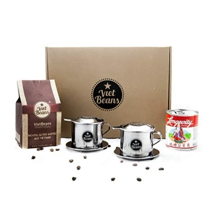 Afbeelding van Starterset voor Vietnamese koffie VietBeans &quot;Ontbijt twee&quot; 250 g traditioneel gemalen + 2 x roestvrijstalen filter (Phin) zoete gecondenseerde melk