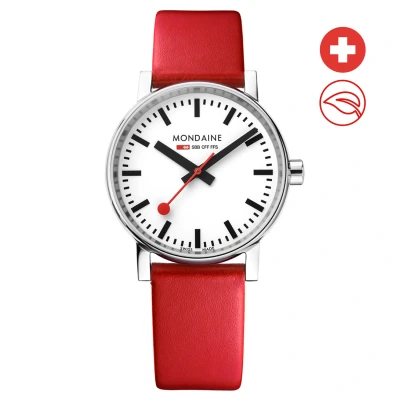 Afbeelding van Mondaine MSE.35110.LC Evo II Dames Horloge Stationsklok Saffierglas Roestvrijstaal/Leer Zilver/Rood Ø 35 mm Quartz 3 ATM (spatwater)