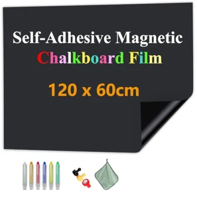 Afbeelding van JOMUSAG Magnetisch uitwisbaar krijtbord, zelfklevend, 120 x 60 cm, papier, schoolbord, voor thuis, kantoor, studenten, inclusief krijt, doek en magneten