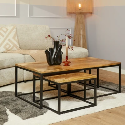 Afbeelding van Salontafel mangohout set van 3 Sanne industrieel 120 cm