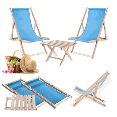 Afbeelding van Anjouin natuurlijke ligstoel salontafelset + 2 blauwe houten ligstoelen