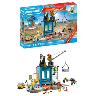 Image de PLAYMOBIL Action Heroes Promo Pack 71650 Construction avec trois figurines, grue mobile et de nombreux extras supplémentaires, jouets pour garçons filles à partir 4 ans