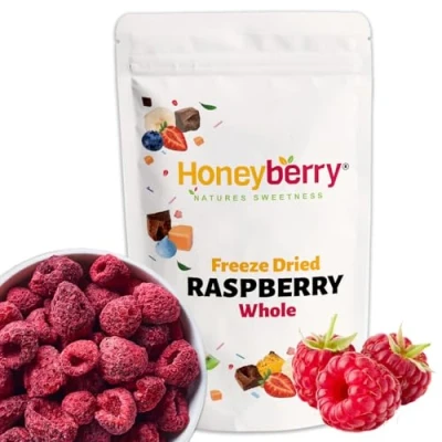 Image de Framboises Lyophilisées Entières 50g Fruits Lyophilisés Déshydratées Séchées pour la Pâtisserie, Décoration de Gâteaux, les Snacks, Céréales et Desserts
