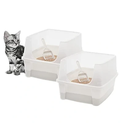 Afbeelding van Iris Ohyama CLH 12 Kattenbak met schep, 2 stuks, blauw, eenvoudige reiniging, toilethuis, afneembare randen, voor volwassen katten, kittens, konijnen, BPA vrij, opening boven
