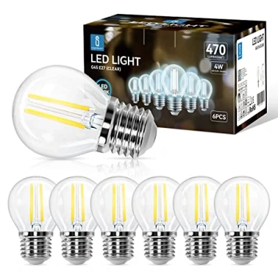 Afbeelding van Aigostar Ledlamp filament E27, koudwit, 6500 K, 470 lm, 4 W, komt overeen met gloeilamp, 40 G45, 360 graden hoek, niet dimbaar, 6 stuks
